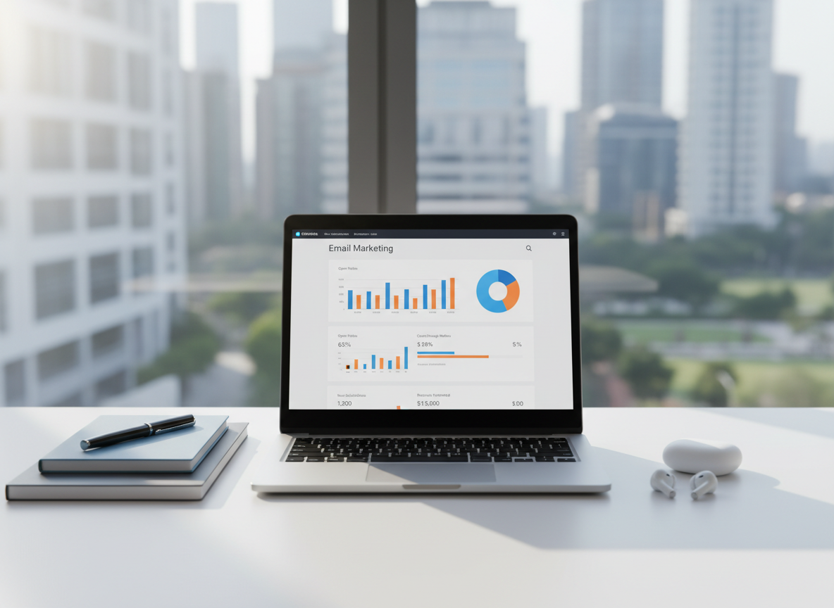 A sleek silver laptop open on a clean white desk, its screen displaying a colorful, well-organized email marketing dashboard with charts, open rates, and conversion metrics in sharp detail. Around the laptop lie neatly stacked notebooks in muted blues and grays, a black metal pen, and a pair of minimalist wireless earbuds. In the background, a large window reveals a softly blurred city skyline. Natural morning light streams in, casting gentle shadows and subtle reflections on the laptop’s brushed metal surface. Photographic realism, shot at eye level with a shallow depth of field, creating a professional, focused atmosphere that feels calm, modern, and ideal for learning high-level email marketing strategy.